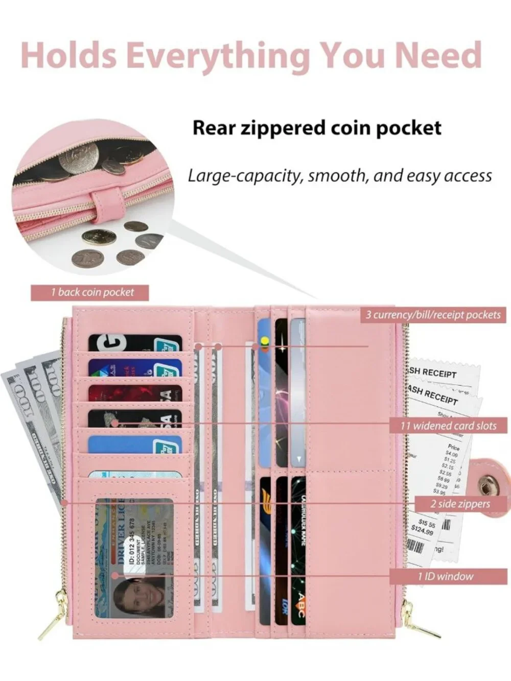 Slim Pink RFID Wallet for Women | 12 Slot Card Holder, Zipper Pocket, Vegan